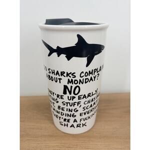 🦈 Lenny Mud White Stoneware Shark Travel Mug With Lid - Funny Office